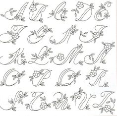 the alphabet with flowers and leaves on it is drawn in black ink, which has been used