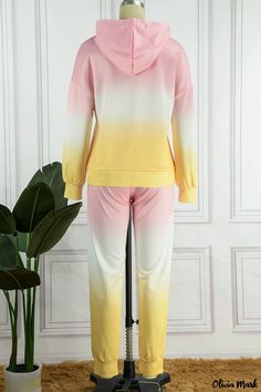 Olivia Mark - Stylish Womens Pink Casual Print Patchwork Two-Piece Set with Hooded Collar and Long Sleeves Pink Patchwork Long Sleeve Sets, Pink Long Sleeve Patchwork Sets, Casual Pink Patchwork Sets, Casual Pink Color Block Sets, White Hooded Sets For Spring, Casual Sets, Two Piece Sets, Wholesale Fashion, Olivia Mark