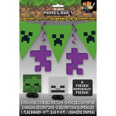 the paper decoration kit for minecraft is shown in purple, green and black colors