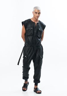 JONNY COTA Jumpsuit BLACK / S SLEEVELESS LEATHER JUMPSUIT IN BLACK Leather Jumpsuit Men, 2000s Vampire, Utility Outfit, Fashion Overalls, Man Full Body, Male Vampire, Futuristic Clothing, Leather Fashion Men, Festival Fits