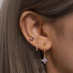 Materials: Copper/18K gold plated Inner Diameter: 9mm Weight: 1.90g Stone: Zircon Type: Cuff/Huggie/Drop Color: Gold The product is packaged as a set of 3 pieces. Gold And Purple Earrings, Gold Earring Set, Purple Earrings, Jewelry Inspo, Purple Gold, Earring Necklace, Ring Necklace, Green And Purple, Earring Set