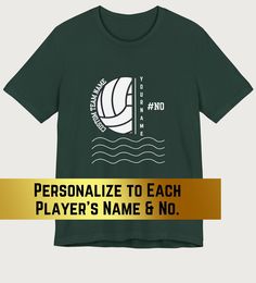 Get a custom water polo shirt for your player - change the name and number, unisex shirt, perfect for the whole Water polo team! This shirt makes a great Water Polo Game gift idea or waterpolo team merch. Show your team pride with personalized apparel.  ❤️ 👕THE FIT👕  - Runs true to size (Relaxed fit) - Comfortable unisex fit - Made with ring-spun cotton - Easy to layer, breathable - Shoulder-to-shoulder taping - Professional high quality print AFTERCARE 💡 Wash inside out at 30C or 90F 💡 Do n Team Name Polo Shirt For Sports Events, Team Name Polo Shirt For Sports Season Events, Team Polo Shirt For Sports Season And Team Events, Sporty Crew Neck Polo Shirt For Team Events, Team Name Polo Shirt For Sports With Crew Neck, Sporty Crew Neck Polo Shirt With Team Name, Crew Neck Polo Shirt For Team Events, Green Team T-shirt For Team Events, Green Team T-shirt For Events