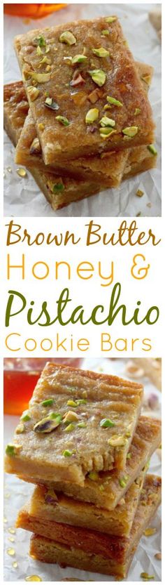 brown butter honey and pistachio cookie bars are stacked on top of each other