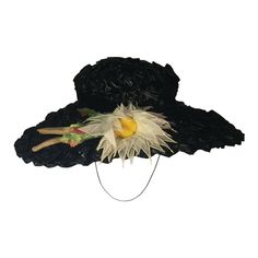 Dramatic and Mint Condition Black Woven Hat with Black Velvet Bow and Handmade Custom Silk Daisy and Leaves. Designed in the 1940's-1950's This Hat was Made By Ann Farkas Perth Amboy. Vintage Black Hat For Spring, Victorian Evening Hats For Kentucky Derby, Vintage Black Costume Hats For Spring, Vintage Black Straw Hat With Curved Brim, Vintage Black Straw Hat With Short Brim, Vintage Black Brimmed Straw Hat, Black Victorian Hat For Evening, Elegant Black Hat For Costume, Black Victorian Evening Hat