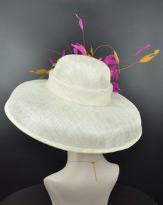 Audrey Hepburn Style Dome Hat Kentucky Derby Hat Tea Party Carriage Party Wide Brim Sinamay Hat Ivory/off White W Hot Pink Orange - Etsy White Panama Hat For Kentucky Derby Formal, White Panama Hat For Kentucky Derby, Fitted Cream Panama Hat With Short Brim, Cream Fitted Sun Hat With Flat Brim, Fitted Brimmed Cream Hat, Fitted Cream Brimmed Hat, Beige Fascinator For Garden Party, Fitted Cream Cloche Hat With Curved Brim, Elegant Cream Panama Hat With Flat Brim