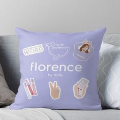 a purple pillow with stickers on it that says, florence by mills