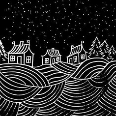 a snowy night with houses and trees on the hill, black and white line drawing