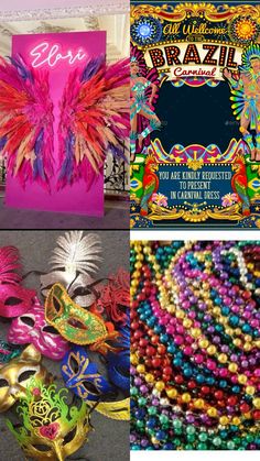 colorful masks and mardi gras decorations are featured in this postcard collage