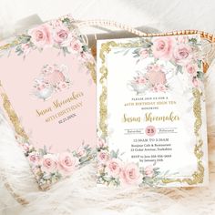 two pink and gold wedding cards with roses on them