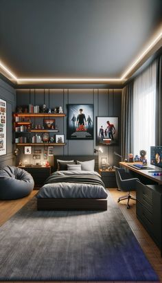 a bedroom with grey walls and carpeted flooring