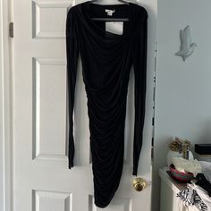 Helmut Lang Soft Cotton Long Sleeve Dress Black Draped Midi Dress For Fall, Black Draped Dress For Fall, Black Draped Dress For Work, Black Draped Mini Dress For Spring, Black Draped Dress For Spring, Long Sleeve Cotton Dress, Helmut Lang, Sleeve Dress, Long Dress