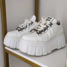 Like New. Size 8. 100% Authentic White Leather Round Toe Front Lace-Up Fastening Logo Patch At The Tongue Branded Insole Platform Sole. Miu Miu Shoes, Platform Sneakers, Womens Shoes Sneakers, White Leather, Miu Miu, Patch Logo, Lace Front, Shoes Sneakers, Like New