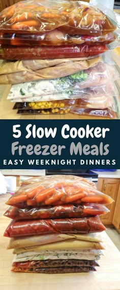 the freezer meal is stacked on top of each other with text overlay that reads, 5 slow cooker freezer meals easy weight dinners