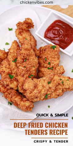 deep fried chicken tenders recipe on a plate with ketchup