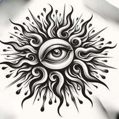 an eye tattoo design on the back of a woman's stomach, with flames coming out