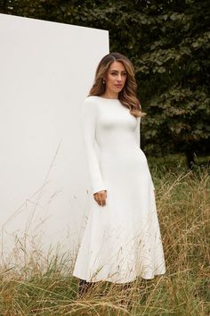 Lydia Millen Compact Knit Wool Look Full Skirt Midi Dress | Karen Millen Elegant Soft Outfits, White Knit Dress Outfit, White Long Sleeve Midi Dress, White Knitted Dress, Long Sleeve White Midi Dress, Lydia Millen, Aw 2024, Lydia Elise Millen, Modest Midi Dress