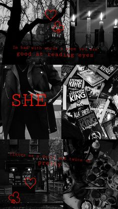 black and white collage with red text that says she