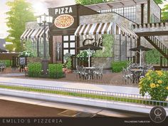 an artist's rendering of the exterior of a pizza restaurant with tables and chairs