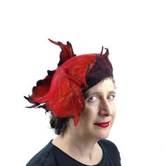 Autumn Inspired Leaf Hat in Red and Black - three quarters view Wizard Hats, Chestnut Leaf, Black Berets, Leaf Hat, Statement Hat, Felted Hats, Felted Hat, 1960s Inspired, Pixie Hat