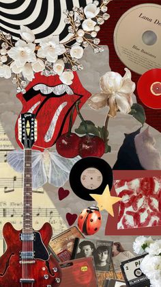 a collage of various items including an electric guitar, flowers and other decorative objects