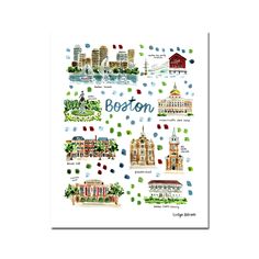 boston map with buildings and watercolors