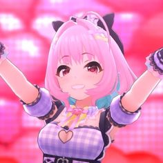 an anime character with pink hair holding up her hands in front of a red background