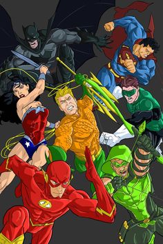 the dc superheros are all different colors and sizes