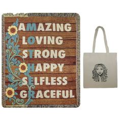 an image of a sign and bag with the words amazing loving strong happy selfies graceful