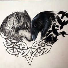 a drawing of two black and white wolfs with their heads in each other's eyes