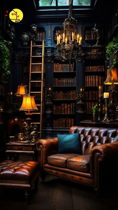 a leather couch sitting under a window next to a book shelf filled with lots of books