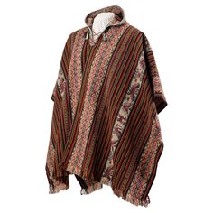 "A beautiful red and rainbow wool-blend poncho with designs and colorful stripes. Thick and heavy to keep you warm. Made in the Sacred Valley of the Incas, Peru. Size: 35\" L x 52\" W" Peruvian Poncho, Sacred Valley, Wool Poncho, Indigenous Culture, Poncho Style, Body Warmer, Knitted Gloves, Rainbow Stripes, Dark Colors