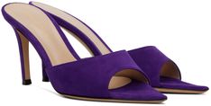 Handcrafted suede heeled sandals in purple. · Open pointed toe · Strap at vamp · Gold-tone logo stamp at leather footbed · Covered stiletto heel · Leather sole · Heel: H3.25 Supplier color: Violet Color Violet, Logo Stamp, Suede Heels, Heeled Sandals, Gianvito Rossi, Stiletto Heel, Stiletto Heels, Sandals Heels, Violet