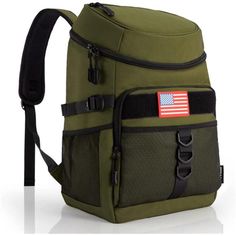 a backpack with an american flag patch on the front pocket and straps around the bottom