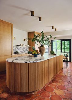 a kitchen with marble counter tops and wooden cabinets, along with potted plants on the island