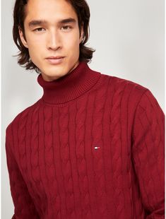 Tommy Hilfiger men's sweater. Made from soft cotton in a textured cable knit weave, this turtleneck sweater is the perfect layer, complete with rib-knit cuffs, collar and hem with touches of subtle branding throughout.  Material: 100% Cotton. Knit Sweater Men, Cable Knit Turtleneck, Cable Knit Turtleneck Sweater, Knit Turtleneck, Knit Turtleneck Sweater, Tommy Hilfiger Man, Knit Cuff, Men's Sweater, Turtleneck Sweater