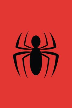 a black spider logo on a red background