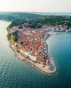 an aerial view of a small town by the water