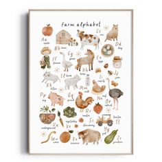 a poster with farm animals and their names in watercolor on the wall above it