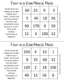 four - in - a - row mental math worksheet with numbers and symbols