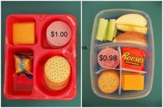 two plastic trays filled with different types of food and one is labeled as $ 1 00