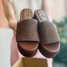 These Slip-On Platform Sandals From Matisse Look Great With All Your Summer ‘Fits! Made In Woven Rattan In Chocolate Brown Color. Brand New! New In Box 2" Heel / Platform Full Sizes Only; We Recommend Ordering The Next Size, If You're A Half Size * Urban Outfitters, Princess Polly, Nasty Gal, Pac Sun * Brown Woven Sole Sandals For Summer, Chic Brown Woven Sandals, Beach Espadrilles With Textured Wedge Heel, Chic Brown Straw Sandals, Synthetic Heels For Vacation And Beach Season, Synthetic Heels For Beach Vacation, Beach Vacation Synthetic Heels, Vacation Espadrille Wedge Sandals With Textured Sole, Vacation Wedge Sandals With Textured Sole