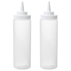 two bottles with white caps are shown on a white background, one is empty and the other has no lid