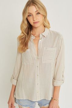 Saint John, Roll Up Sleeves, Button Down Blouse, Striped Blouse, Casual Elegance, Sheer Fabrics, Roll Up, Quality Clothing, Casual Tops