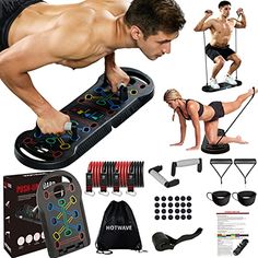 a man doing push ups on top of a board with other items surrounding him and his body