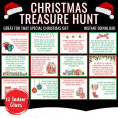 the christmas treasure hunt is on display in front of a black background with red and green trim