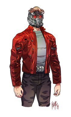 a drawing of a man wearing a red jacket and mask with his hands in his pockets