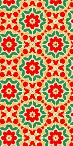 a red and green flower pattern on a white background with an orange center in the middle