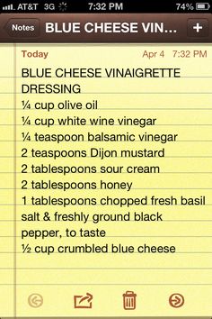 a recipe for blue cheese vinaigrete is shown on an iphone screen,