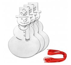 a snowman ornament is shown with red ribbon around it and another item in the background