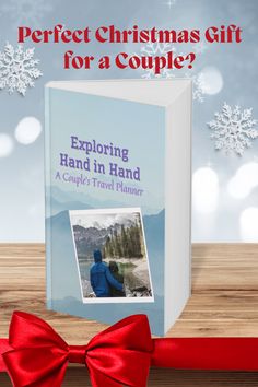 a book with a red bow on it and snowflakes in the background that says, what is perfect christmas gift for a couple?